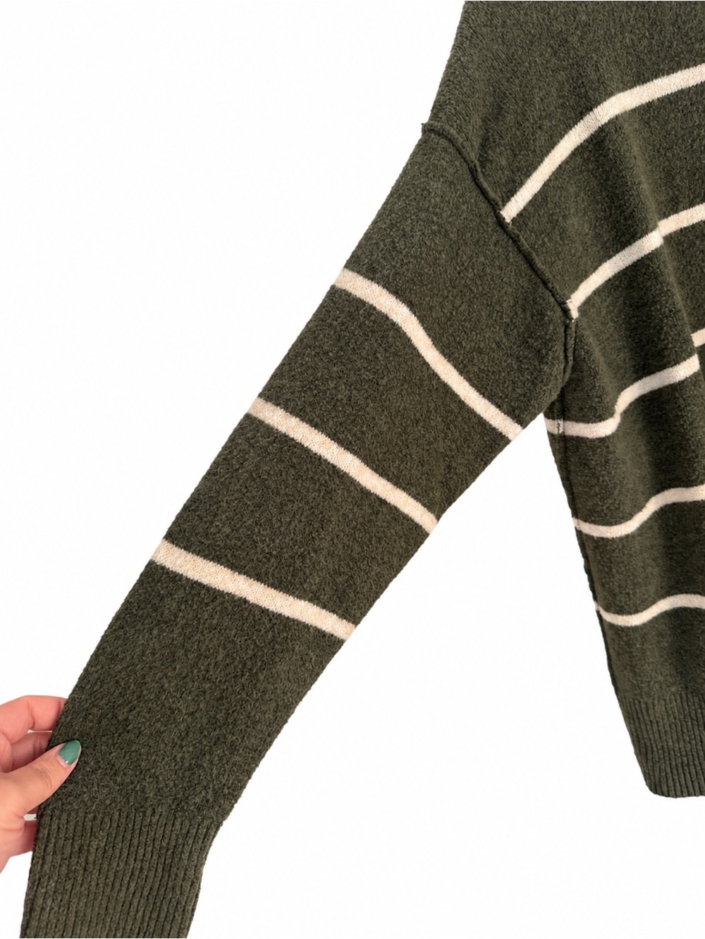 Aerie Olive Green Ivory Stripe Oversize Crewneck Sweater Neutral Cabin Granola M - Picture 3 of 10